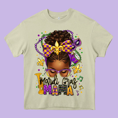 Mardi Gras Mama Afro Messy Bun Heavy Core Tee Designed By Texasbilliewilder