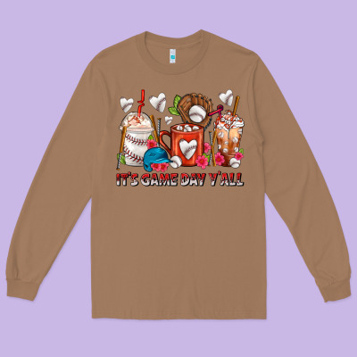 It's Game Day Y'all Baseball Coffee Cups Long Sleeve Tee Designed By Fadigitalartstudio