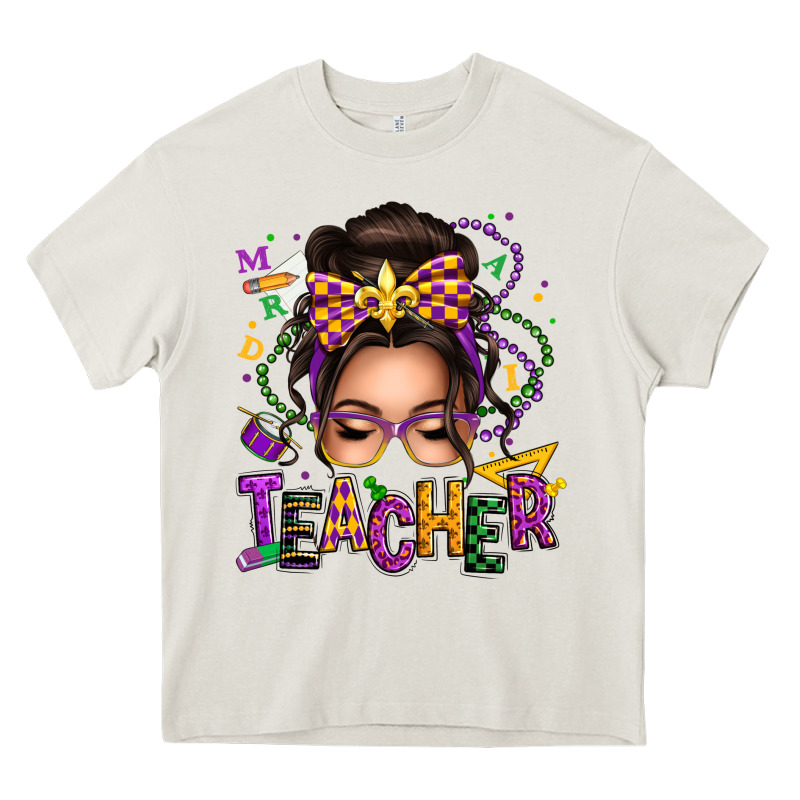 Mardi Gras Teacher Caucasian Messy Bun Heavy Core Tee by texasbilliewilder | Teevron