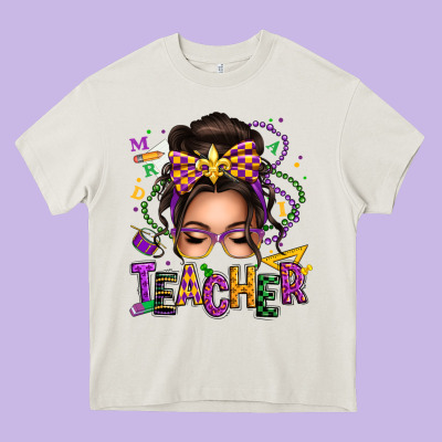 Mardi Gras Teacher Caucasian Messy Bun Heavy Core Tee Designed By Texasbilliewilder