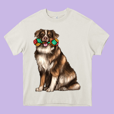 Australian Shepherd With Rope Toy Heavy Core Tee Designed By Texasbilliewilder