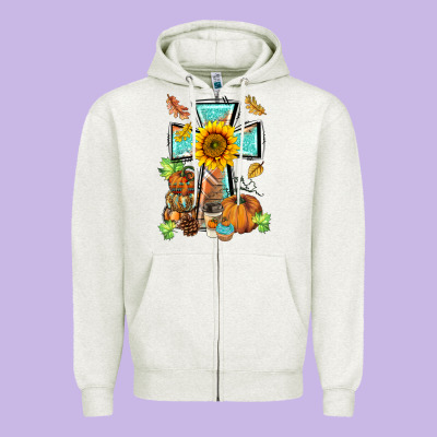 Western Thankful Cross Pumpkin Zipper Hoodie Designed By Barkaloodesign