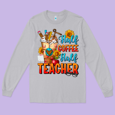 Half Coffee Half Teacher Long Sleeve Tee Designed By Fadigitalartstudio