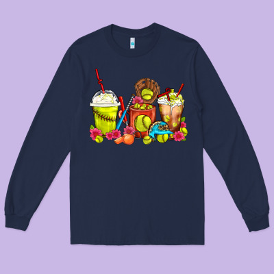 Softball Coffee Cups Long Sleeve Tee Designed By Fadigitalartstudio