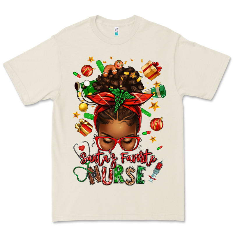 Santa's Favorite Nurse Afro Messy Bun Premium Tee by texasbilliewilder | Teevron