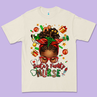 Santa's Favorite Nurse Afro Messy Bun Premium Tee Designed By Texasbilliewilder