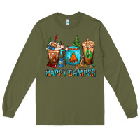 Army Green Happy Camper Coffee Cups Long Sleeve Tee - FaDigitalArtStudio