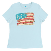 Baby Blue American flag with leopard Ladies Tee - HowdyJamesFarm