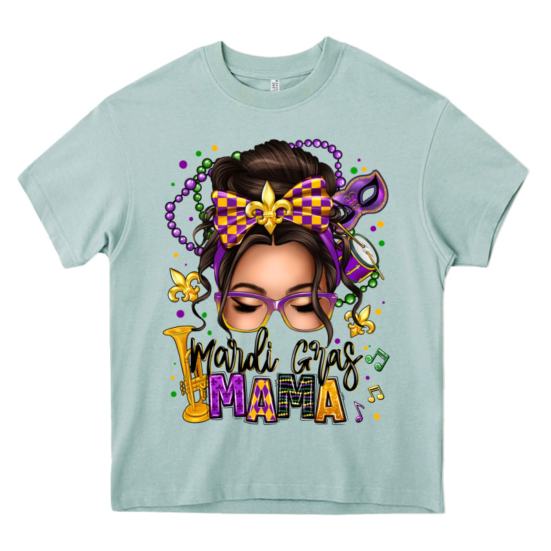 Mardi Gras Mama Messy Bun Heavy Core Tee by texasbilliewilder | Teevron