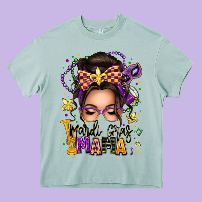 Mardi Gras Mama Messy Bun Heavy Core Tee Designed By Texasbilliewilder