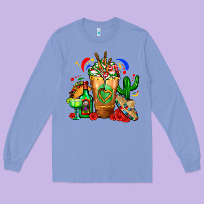 Mexican Cold Drink With Cactus Sombrero And Tequil Long Sleeve Tee Designed By Fadigitalartstudio