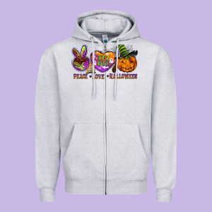 Peace Love Halloween Zipper Hoodie Designed By Barkaloodesign