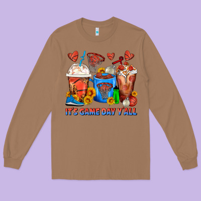 It's Game Day Y'all Basketball Coffee Cups Long Sleeve Tee Designed By Fadigitalartstudio