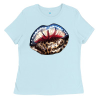 Baby Blue American lip leopard 4th of july Ladies Tee - HowdyJamesFarm