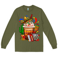 Army Green Mexican Frappe With Cactus Sombrero And Maracas Long Sleeve Tee - FaDigitalArtStudio