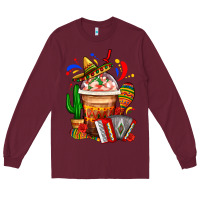 Burgundy Mexican Frappe With Cactus Sombrero And Maracas Long Sleeve Tee - FaDigitalArtStudio