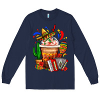 Navy Mexican Frappe With Cactus Sombrero And Maracas Long Sleeve Tee - FaDigitalArtStudio