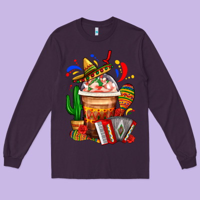 Mexican Frappe With Cactus Sombrero And Maracas Long Sleeve Tee Designed By Fadigitalartstudio