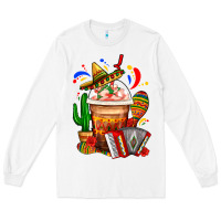 White Mexican Frappe With Cactus Sombrero And Maracas Long Sleeve Tee - FaDigitalArtStudio