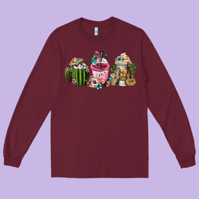 Mexican Day Of The Dead Coffee Cups Long Sleeve Tee Designed By Fadigitalartstudio