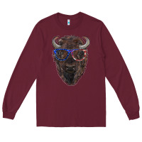 Burgundy bison with american flag glasses Long Sleeve Tee - RanaPortraitStore