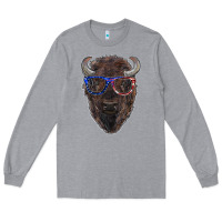 Heather Grey bison with american flag glasses Long Sleeve Tee - RanaPortraitStore