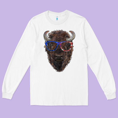 Bison With American Flag Glasses Long Sleeve Tee Designed By Ranaportraitstore