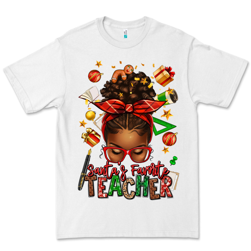 Santa's Favorite Teacher Afro Messy Bun Premium Tee by texasbilliewilder | Teevron