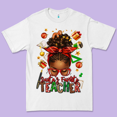 Santa's Favorite Teacher Afro Messy Bun Premium Tee Designed By Texasbilliewilder