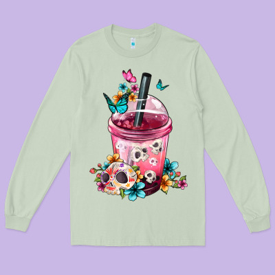 Mexican Day Of The Dead Skulls Coffee Cup Long Sleeve Tee Designed By Fadigitalartstudio
