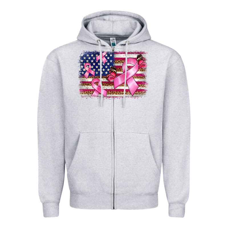 Breast Cancer American Flag Background Zipper Hoodie by BarkalooDesign | Teevron