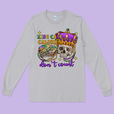 King Cake Calories Don't Count Skull Long Sleeve Tee Designed By Fadigitalartstudio