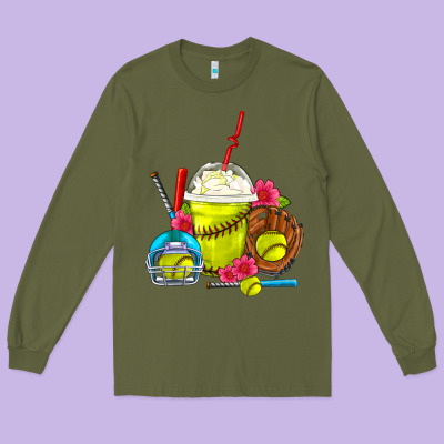 Softball Frappe Coffee Long Sleeve Tee Designed By Fadigitalartstudio