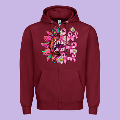 Breast Cancer Sunflower Zipper Hoodie Designed By Barkaloodesign