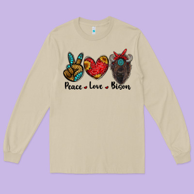 Peace Love Bison Long Sleeve Tee Designed By Ranaportraitstore