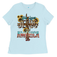 Baby Blue She loves Jesus and America too sunflower Ladies Tee - HowdyJamesFarm