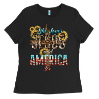 Black She loves Jesus and America too sunflower Ladies Tee - HowdyJamesFarm