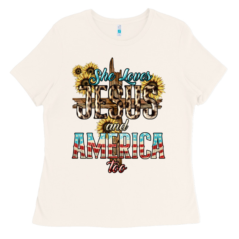 She Loves Jesus And America Too Sunflower Ladies Tee by HowdyJamesFarm | Teevron