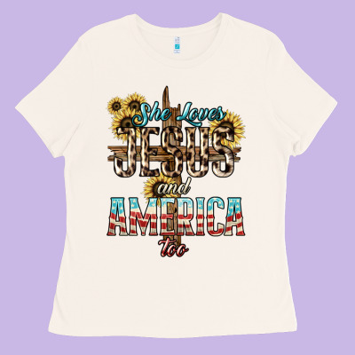 She Loves Jesus And America Too Sunflower Ladies Tee Designed By Howdyjamesfarm