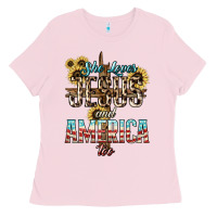 Bubblegum Pink She loves Jesus and America too sunflower Ladies Tee - HowdyJamesFarm