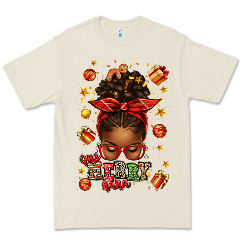 One Merry Nana Christmas Afro Messy Bun Premium Tee by texasbilliewilder | Teevron