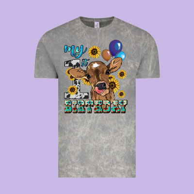 My First Birthday Baby Cow Sunflower Vintage Tee Designed By Howdyjamesfarm