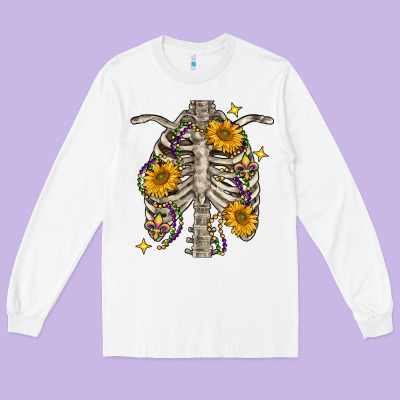 Mardi Gras Chest Sunflowers Skeleton Long Sleeve Tee Designed By Fadigitalartstudio