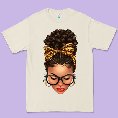 Light Skin Afro Messy Bun Leopard Bow Premium Tee Designed By Texasbilliewilder