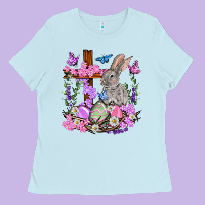 Easter Eggs And Bunny With Cross Easter Day Ladies Tee Designed By Howdyjamesfarm