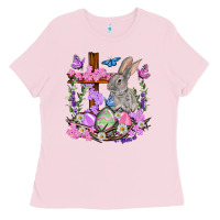Bubblegum Pink Easter eggs and Bunny with Cross Easter Day Ladies Tee - HowdyJamesFarm