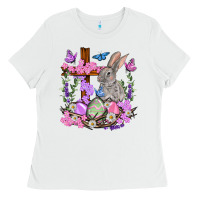 White Easter eggs and Bunny with Cross Easter Day Ladies Tee - HowdyJamesFarm
