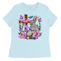 Baby Blue Easter eggs and Bunny with Cross Easter Day Ladies Tee - HowdyJamesFarm