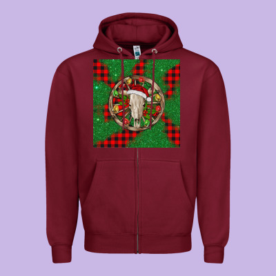 Christmas Bull Skull Zipper Hoodie Designed By Barkaloodesign