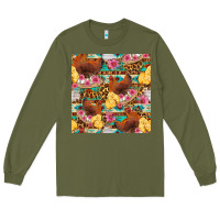 Army Green chicken and chicks with flowers seamless pattern Long Sleeve Tee - FaDigitalArtStudio
